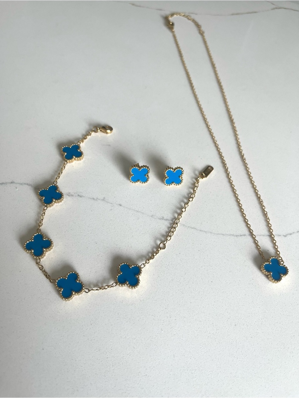 3 Piece Set - Blue Clover Necklace, Bracelet & Stud Earrings